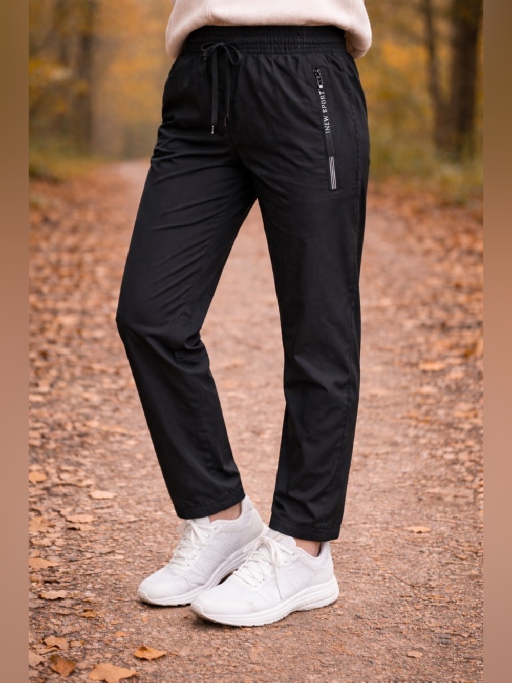 Black Athletic Jogger Pants Zipper Pocket Drawstring Waist Lightweight